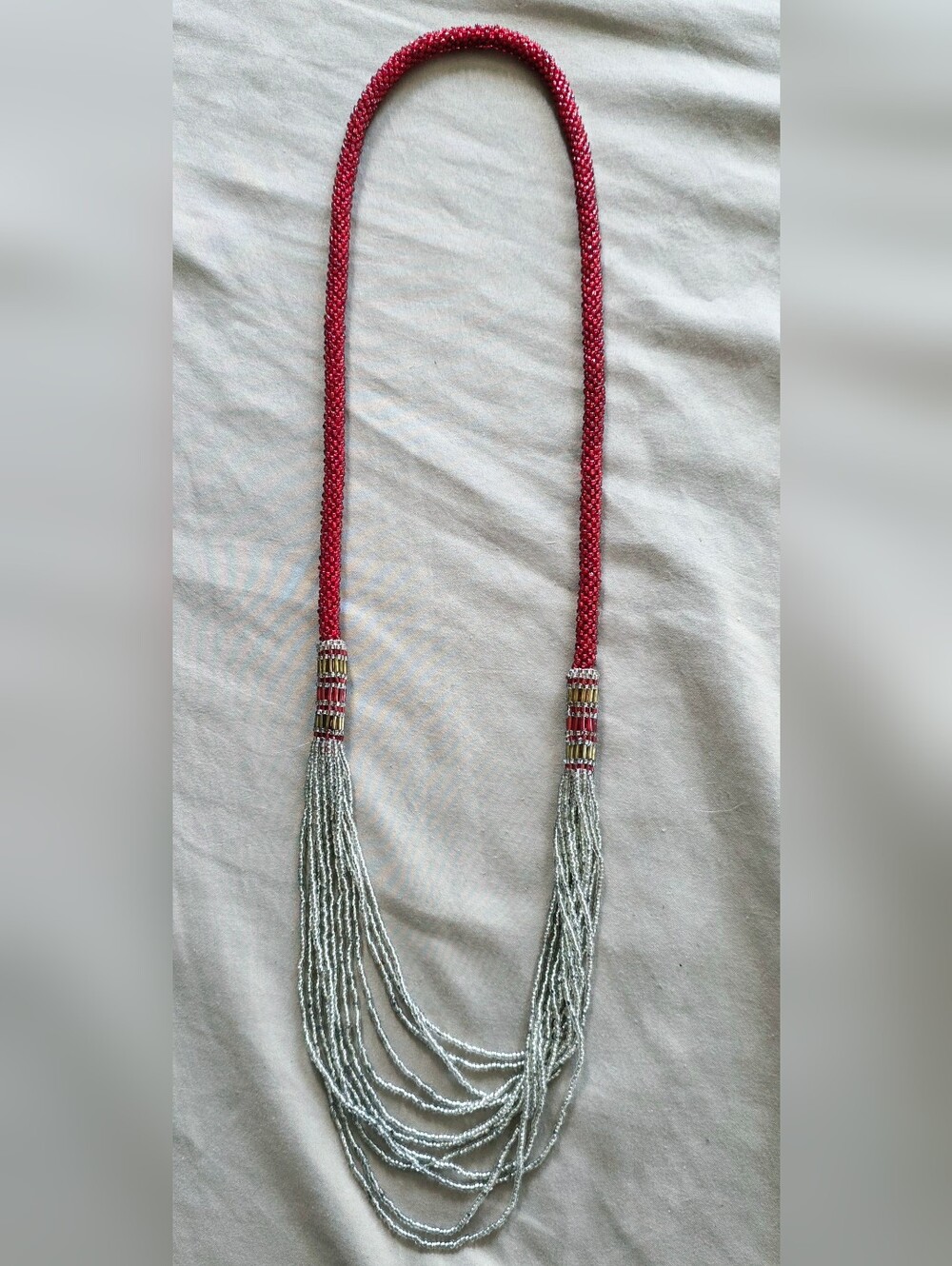 Woman’s Seed Bead Long Multi Strand Necklace Red Silver